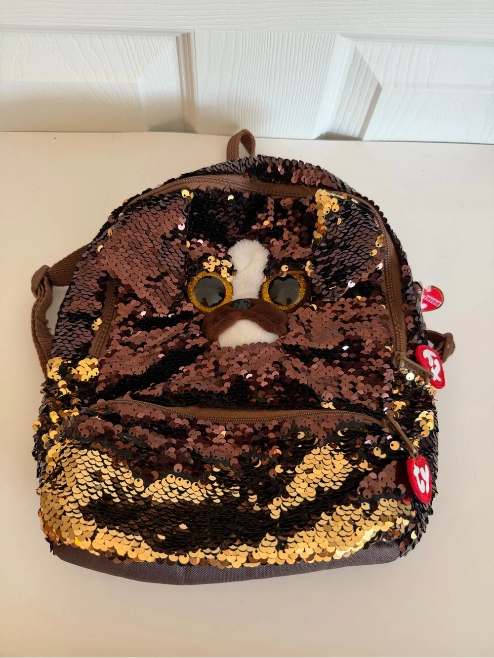 Ty Fashion Flippables backpack. Reversible brown & gold sequins. Brutus